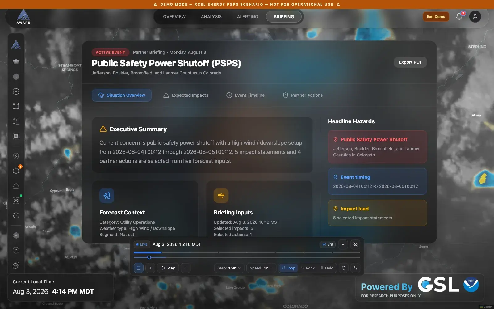 The briefing view showing an executive summary, forecast context, briefing inputs, and headline hazard cards for a public safety power shutoff event.