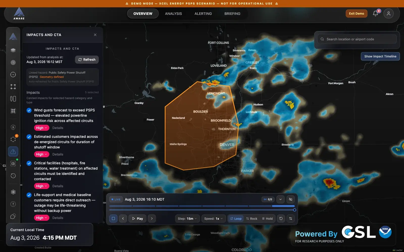 The impacts and calls-to-action panel listing generated impact statements with severity levels next to the drawn hazard area on the map.