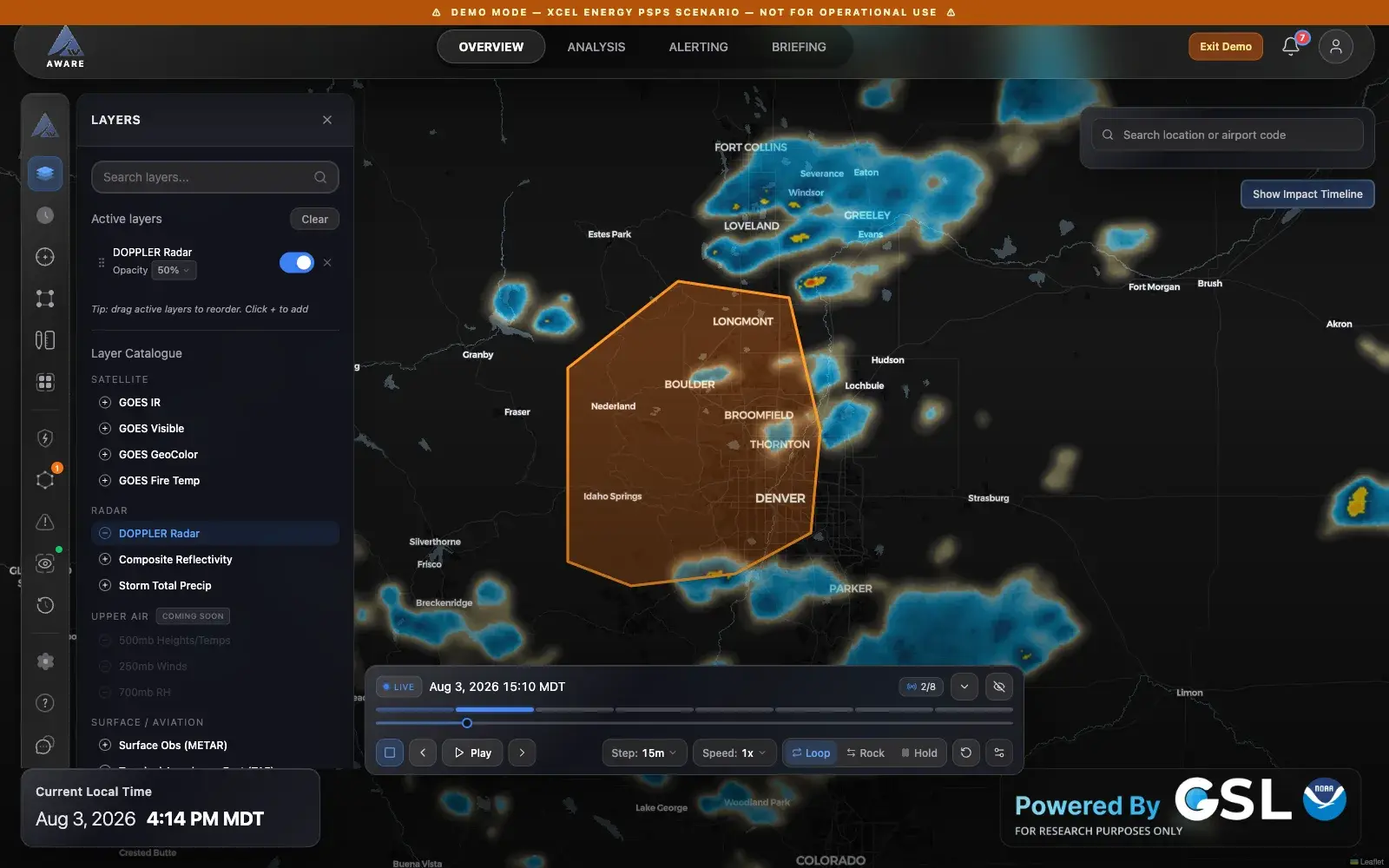 The layer panel open over the map, showing active layers with opacity control and the full layer catalogue grouped into satellite, radar, upper air, and surface categories.