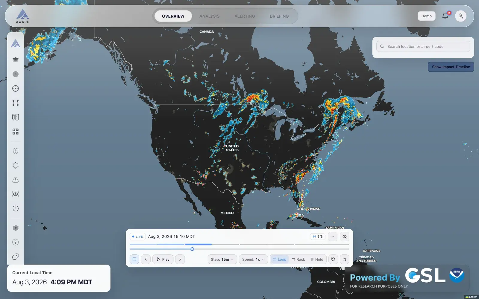 The AWARE overview view showing animated radar across North America with a persistent time control bar docked at the bottom of the map.