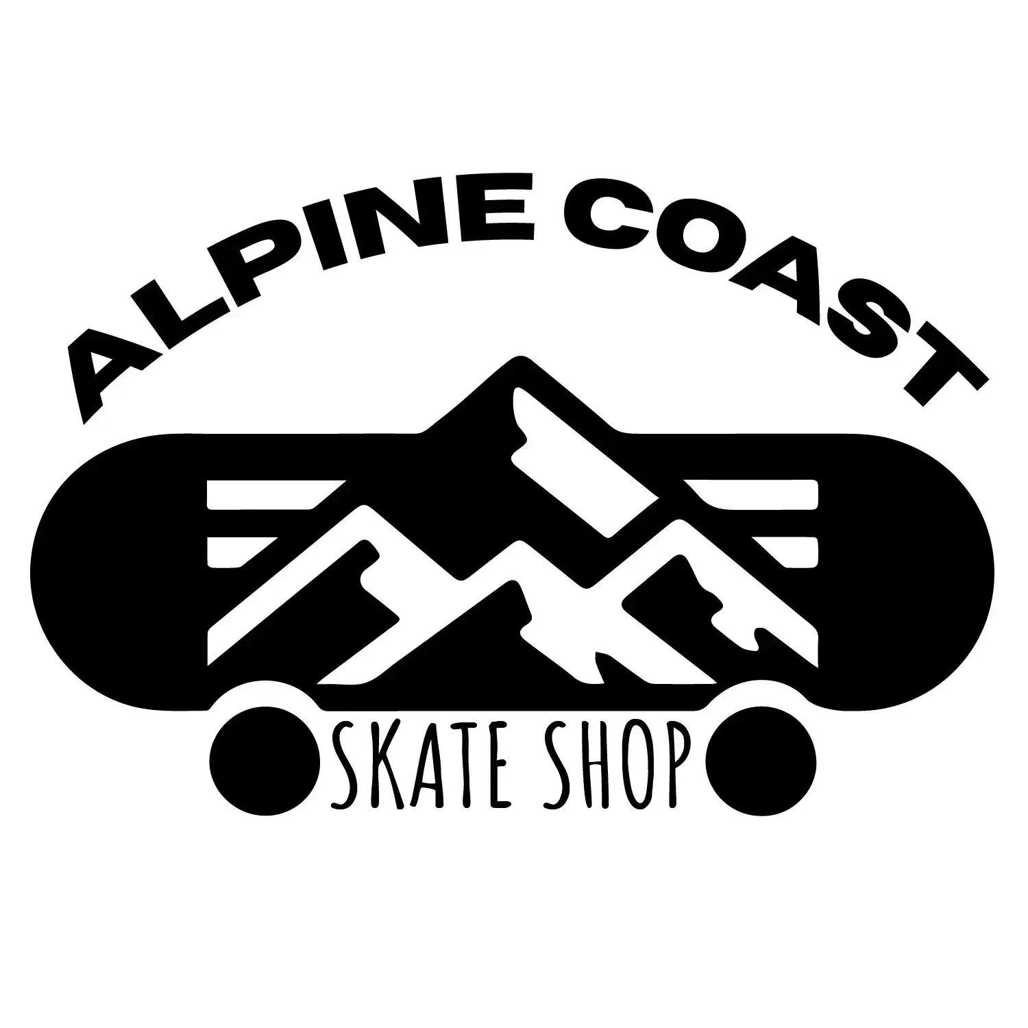 Alpine Coast Skate Shop logo: a black skateboard deck holding white mountain peaks, with the name arched above and set on the board below.