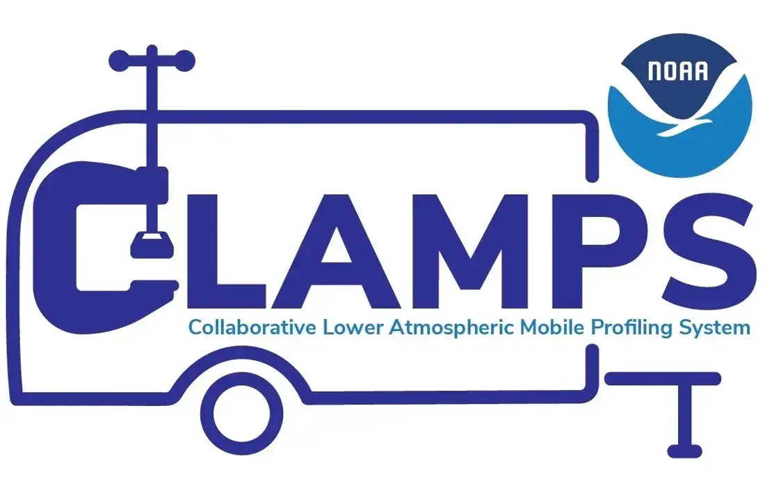 CLAMPS logo: the word CLAMPS in navy drawn as a trailer with an instrument mast, the NOAA seal at the corner.