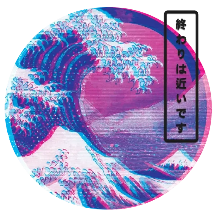 A circular Great Wave graphic in pink, purple, and blue with a vertical Japanese caption panel.
