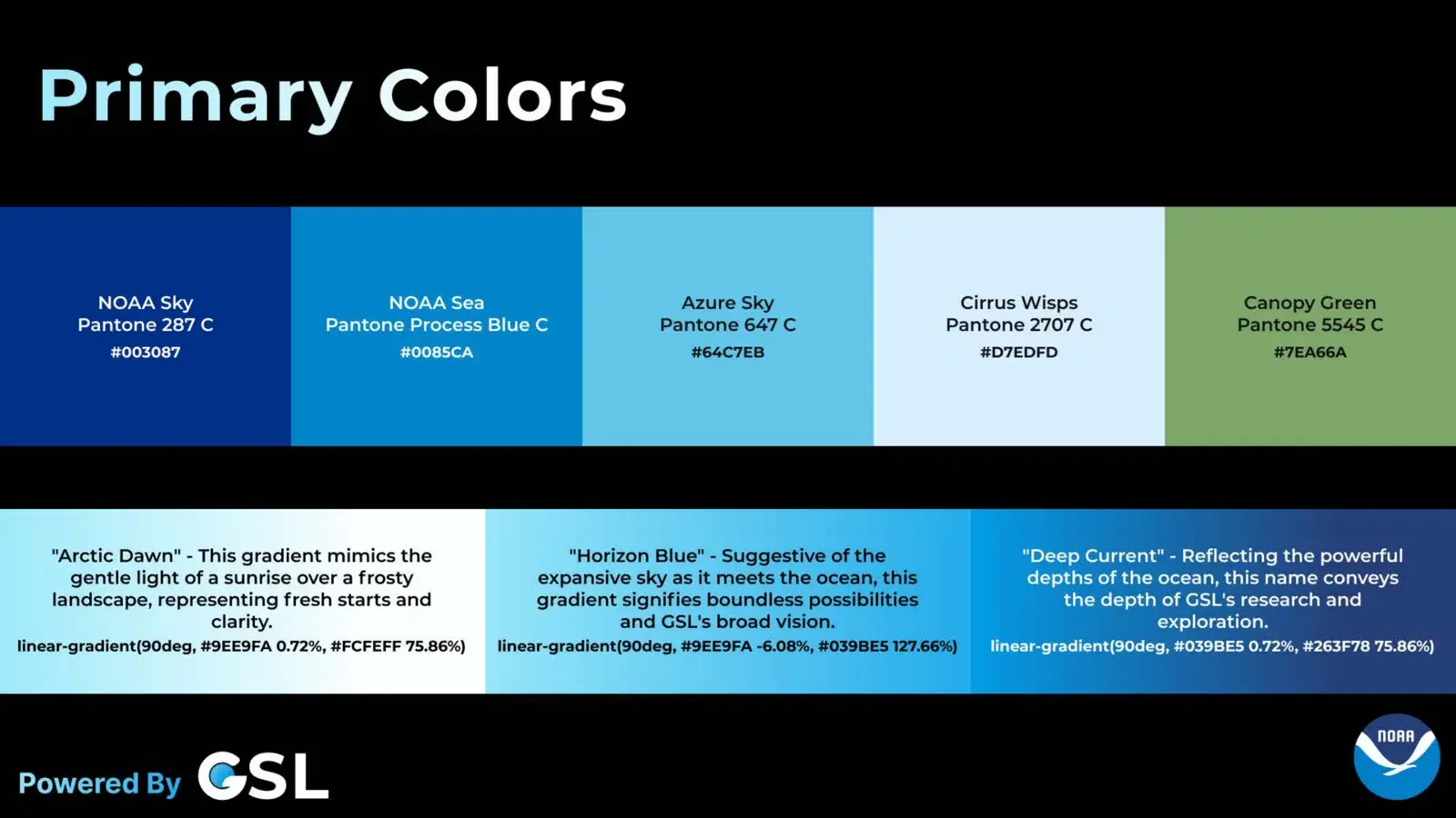 GSL primary colors page: five blues and a green with Pantone values, above three named gradients.