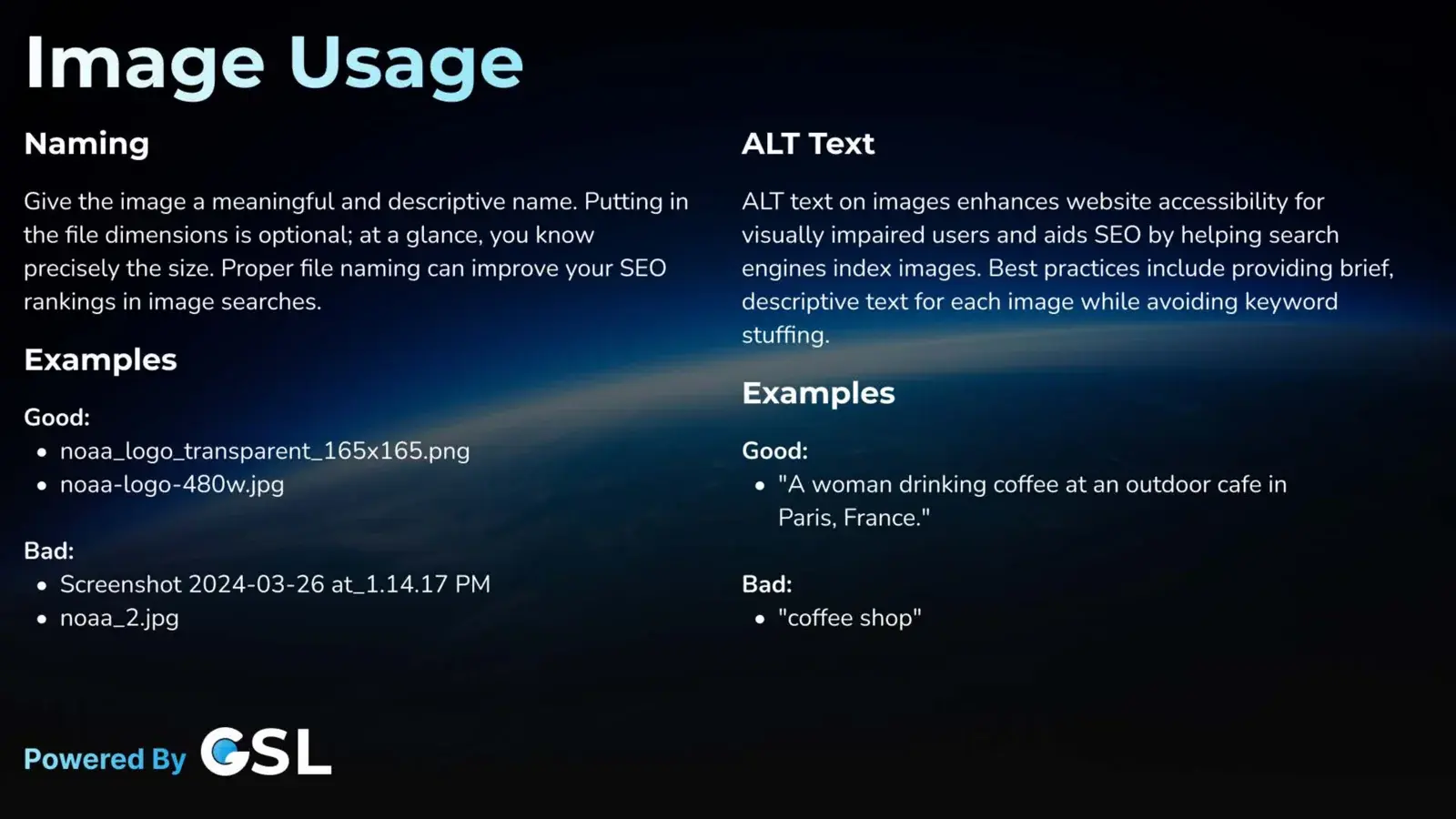 GSL image usage page with good and bad examples of file naming and alt text.