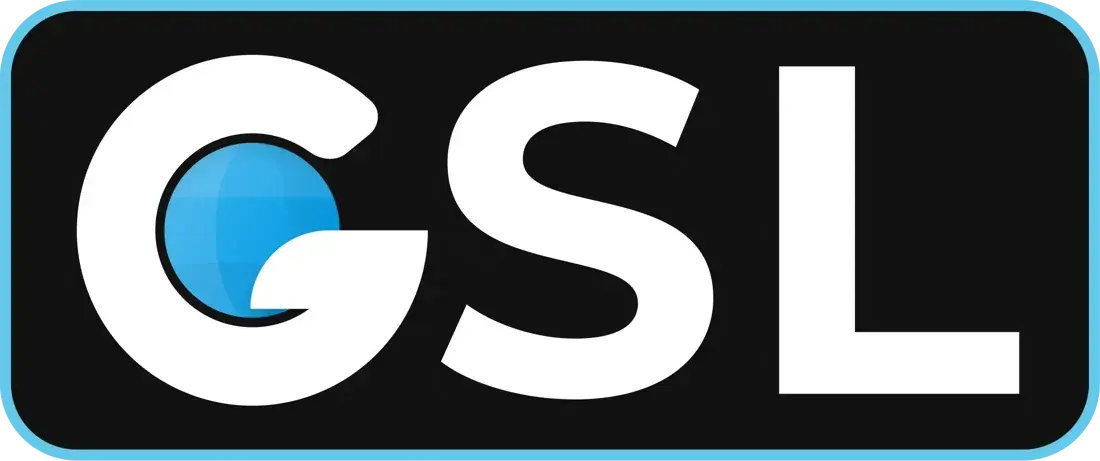 The GSL combination mark: bold white letters with a blue globe swoosh inside the G, on a dark rounded tile.
