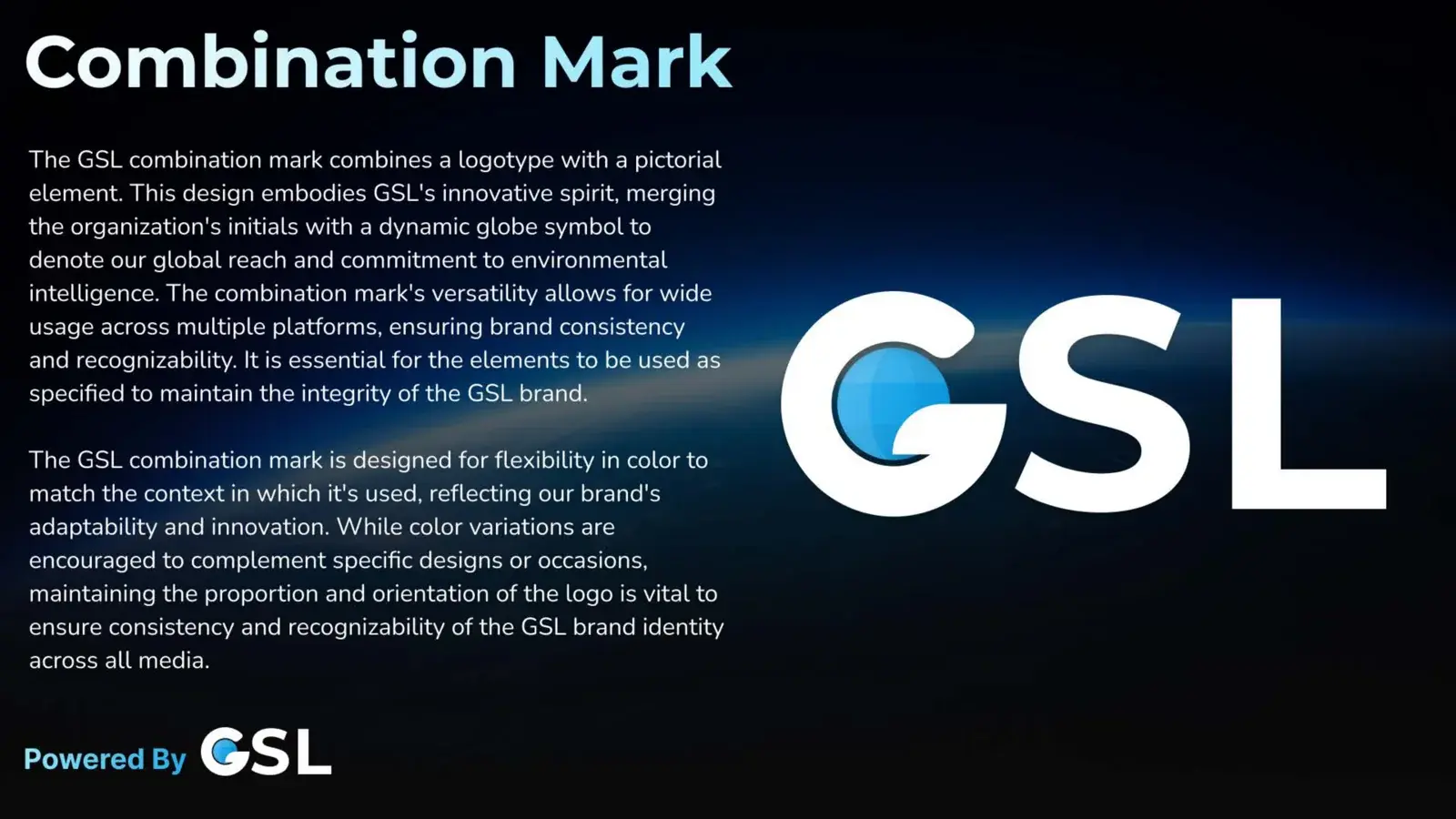 GSL guidelines page describing the combination mark, with the GSL logotype and globe swoosh on a dark space background.