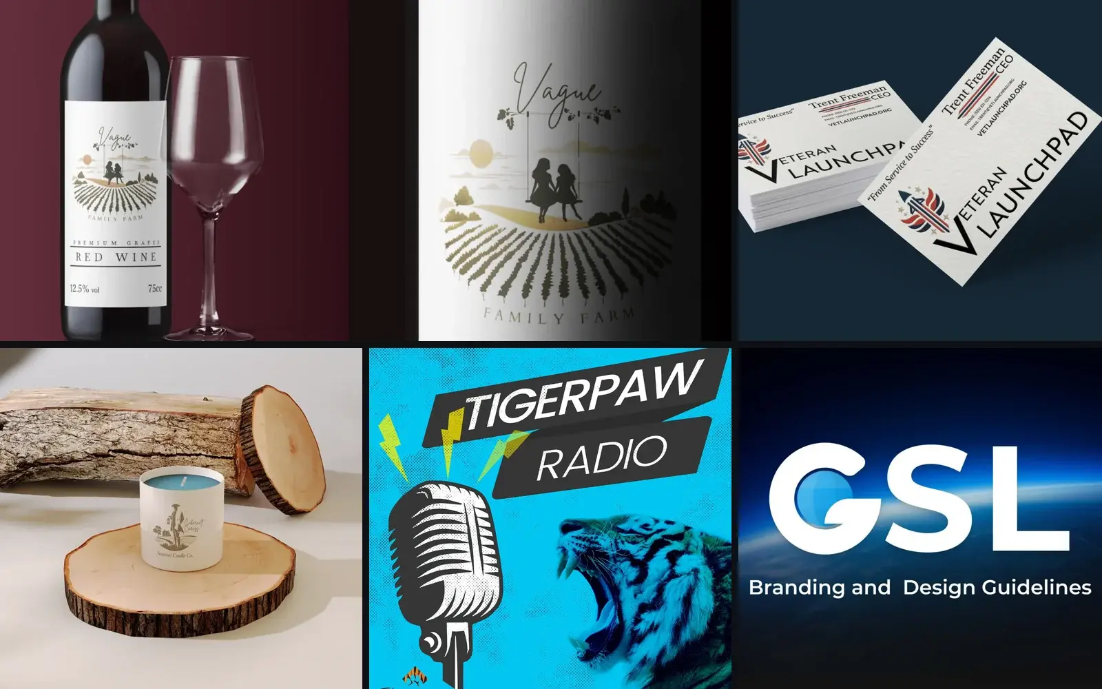 A collage of six pieces: the Vague Family Farm wine label and a close-up of it, Veteran Launchpad business cards, a Sentinel Candle Company candle on a wood slice, the Tigerpaw Radio podcast cover, and the cover of the GSL Branding and Design Guidelines.