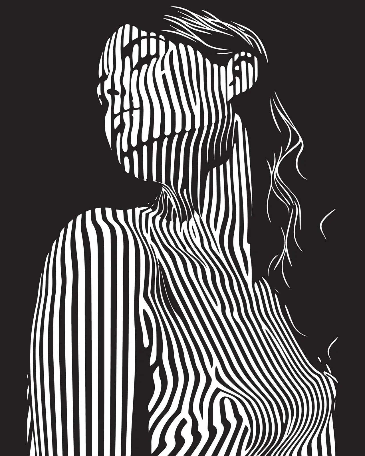 Let Forever Be: a woman in profile built from black and white vertical stripes that break into loose hair.