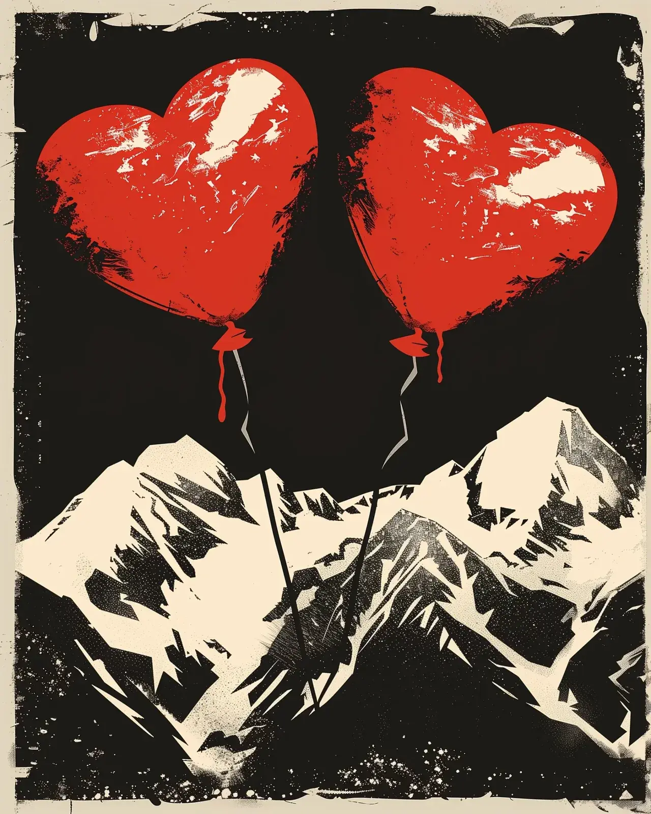 Art print for Loveland, Colorado: two red heart balloons floating over black and cream mountain peaks.