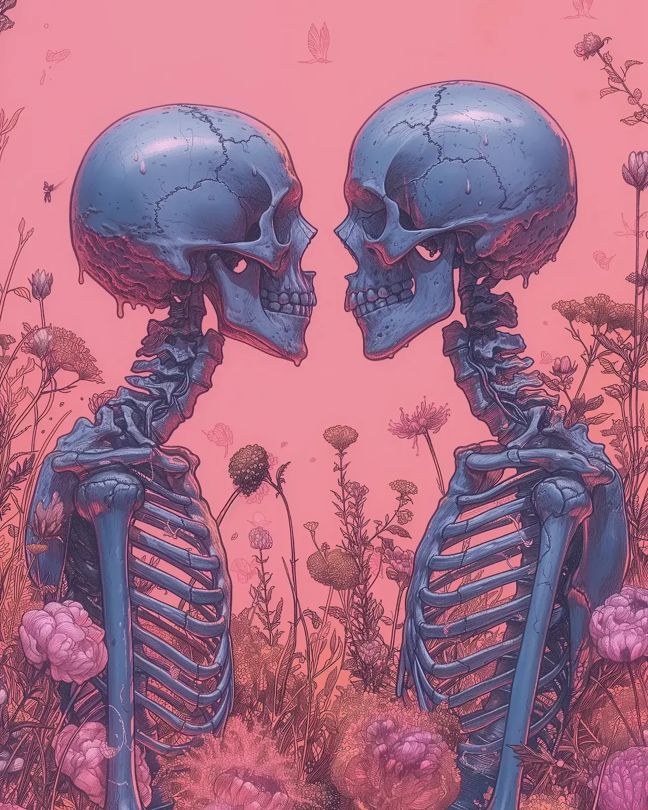 The Lovers tarot card: two blue skeletons face to face among pink flowers.