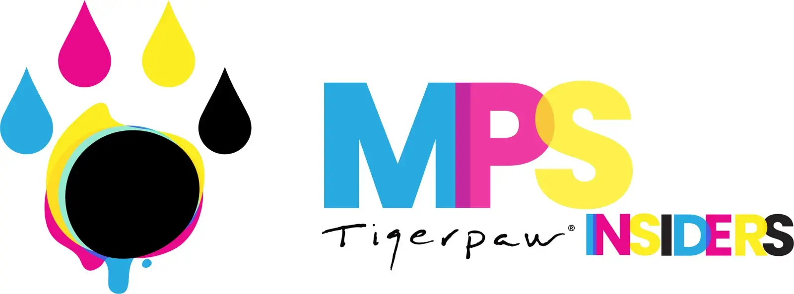 Tigerpaw MPS Insiders mark: a paw print of cyan, magenta, and yellow drops beside MPS in overprinted process colors.