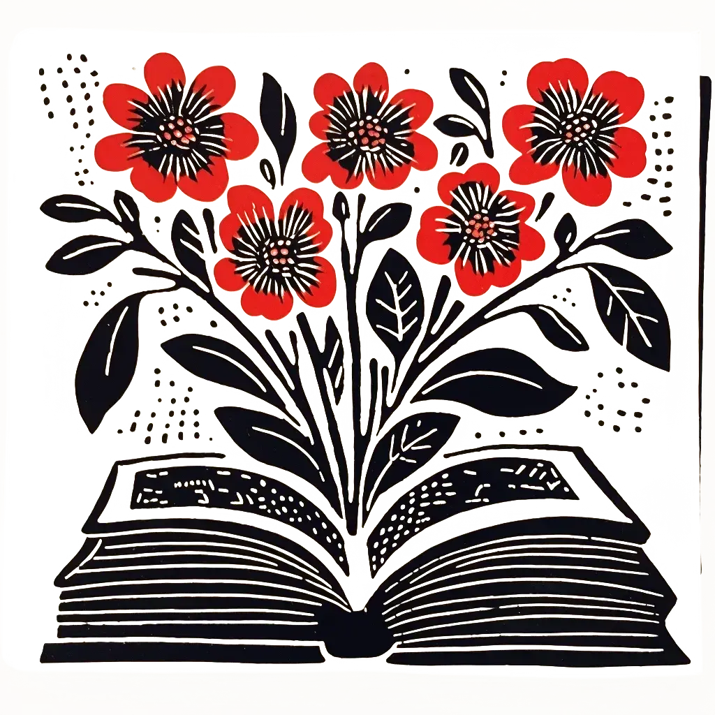 Linocut-style print: red flowers and black leaves growing out of an open book.