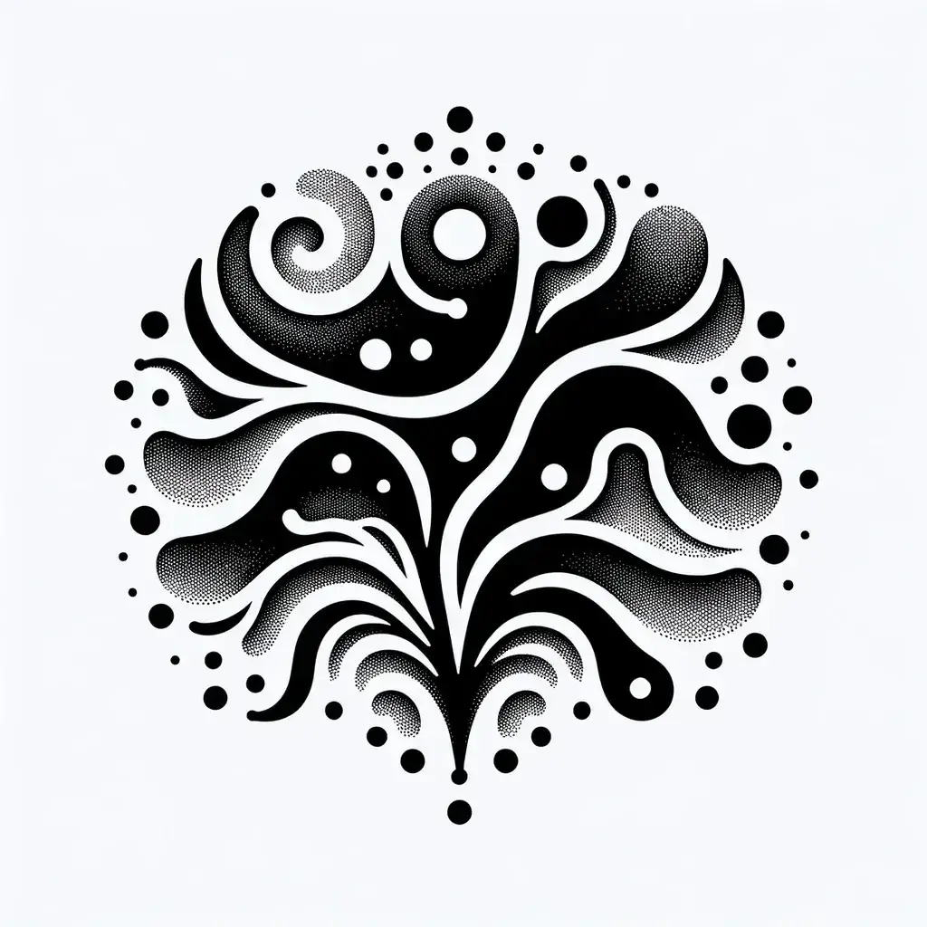 A black and white cloud of swirling, dotted organic shapes.