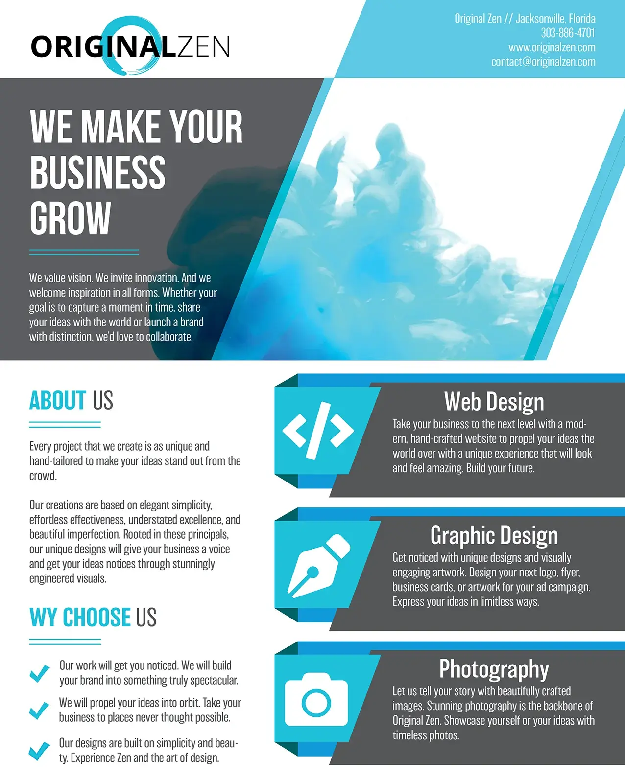 Original Zen flyer: We Make Your Business Grow over a blue ink cloud, with web design, graphic design, and photography panels down the right side.