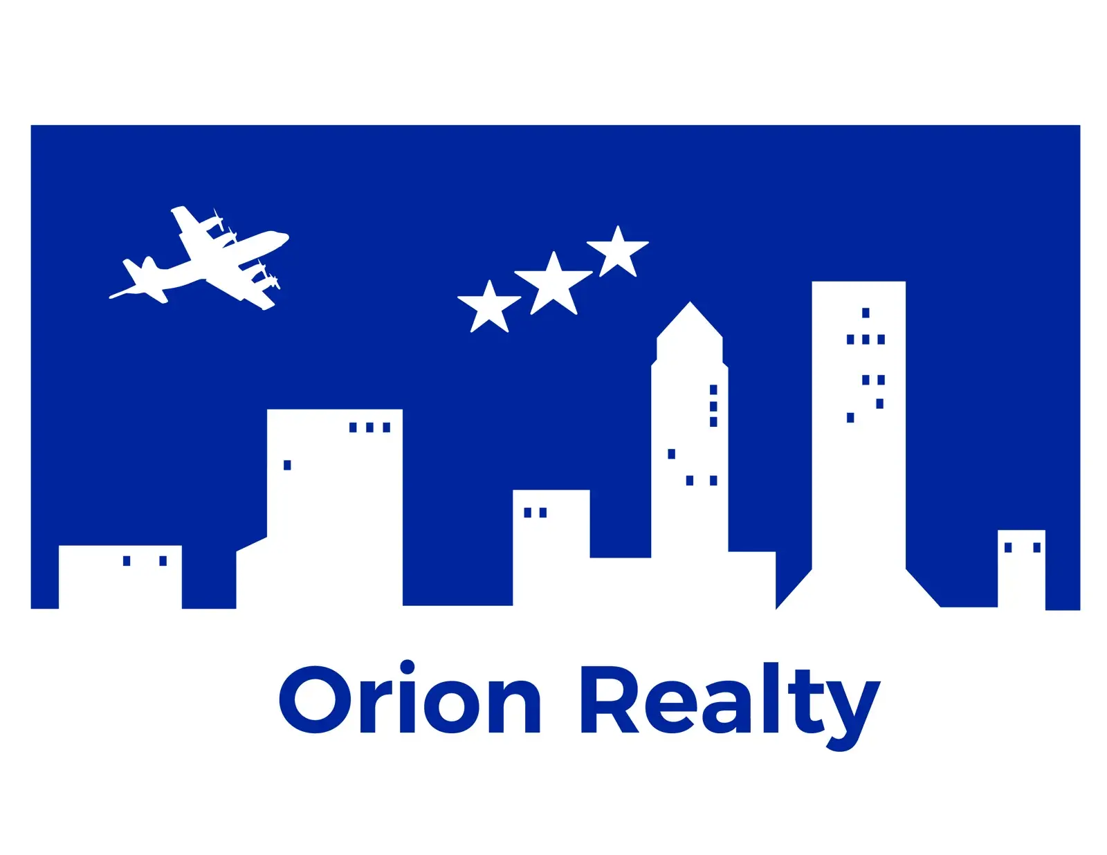 Orion Realty logo: a white city skyline with a plane and three stars cut into a royal blue field.