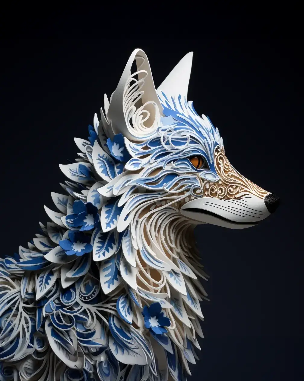 Side profile of a fox built from layered blue and white paper, on black.