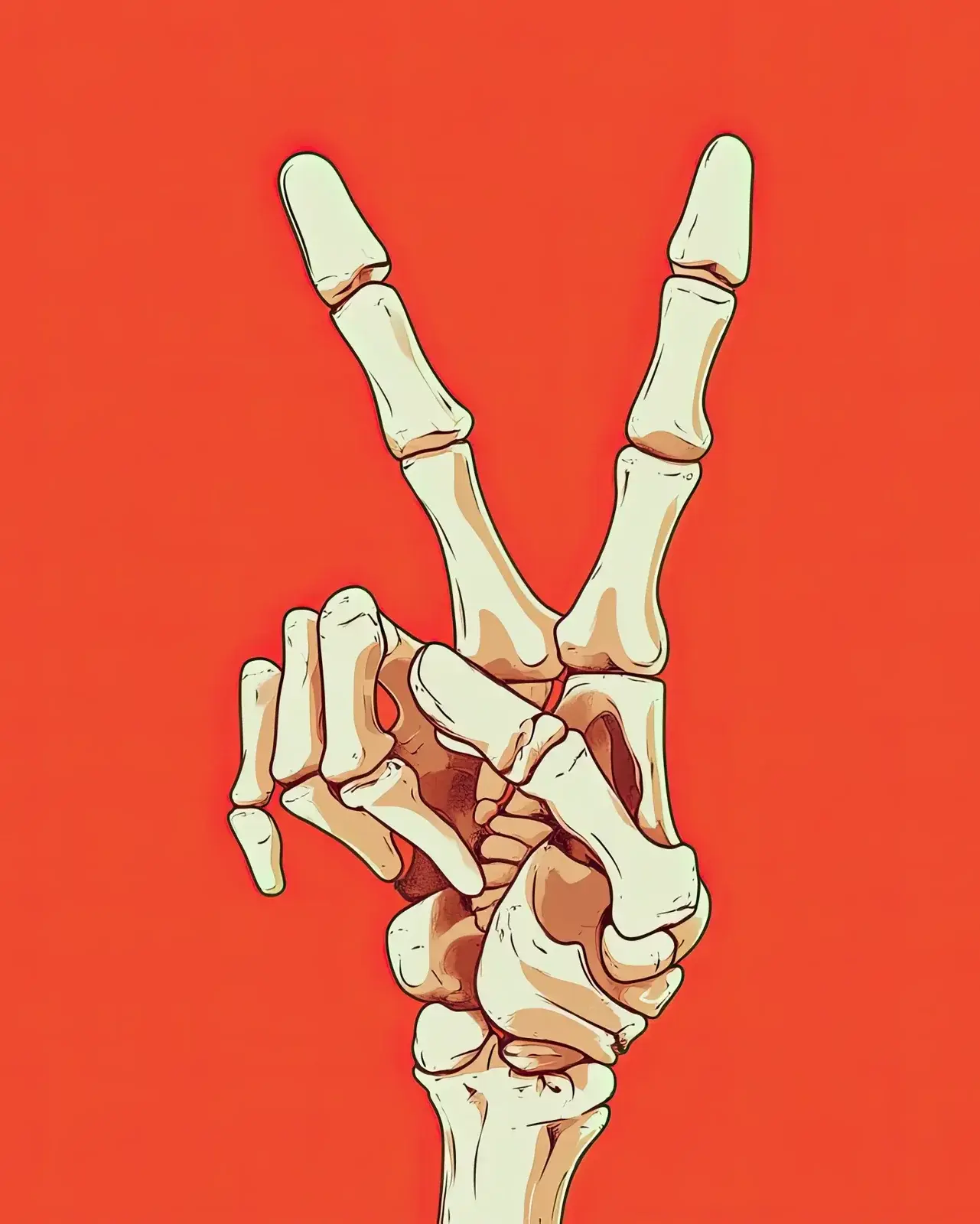 A skeleton hand making a peace sign on a flat red-orange ground.