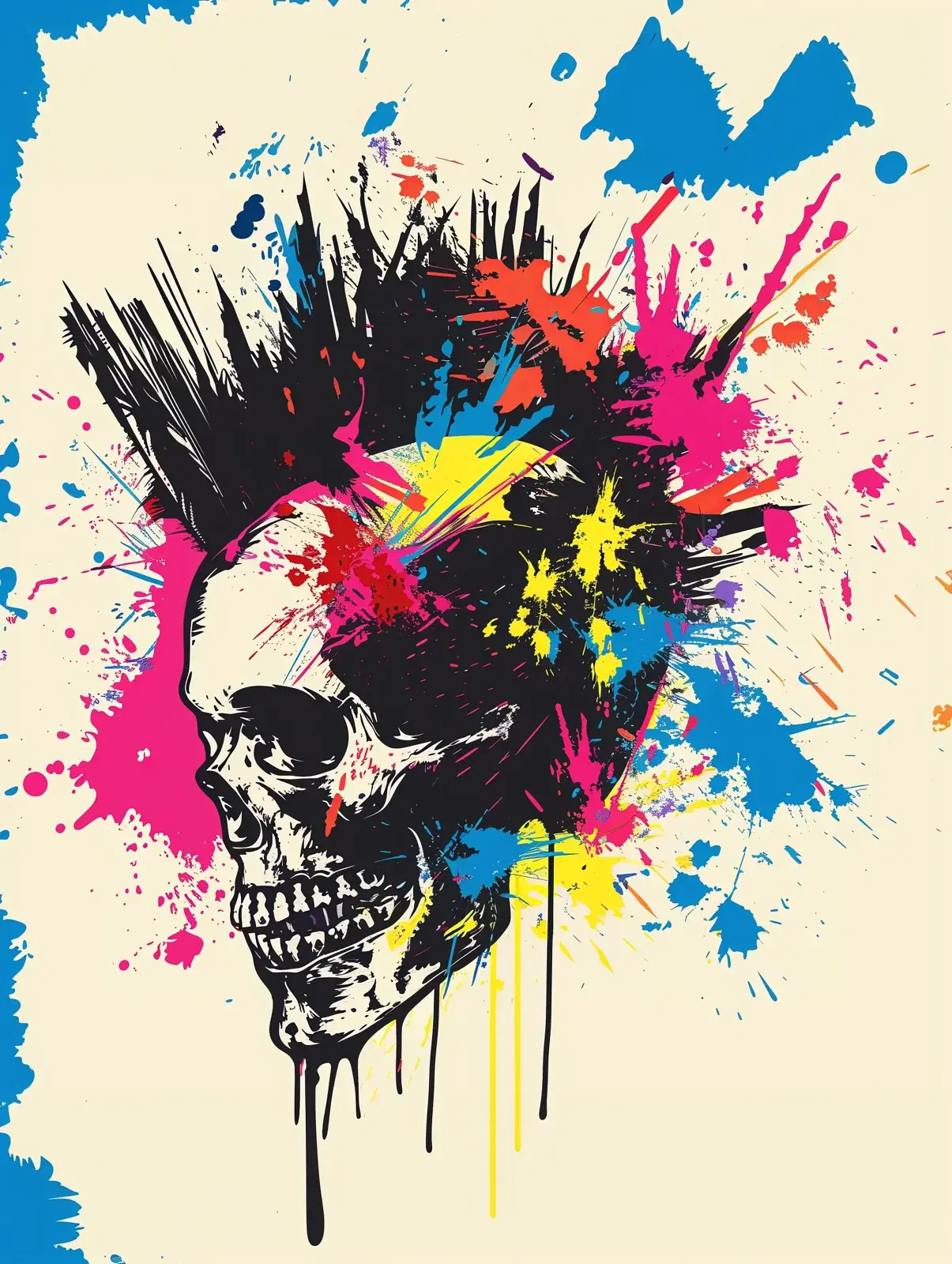 A skull with a black mohawk bursting into pink, yellow, and blue paint splatter.