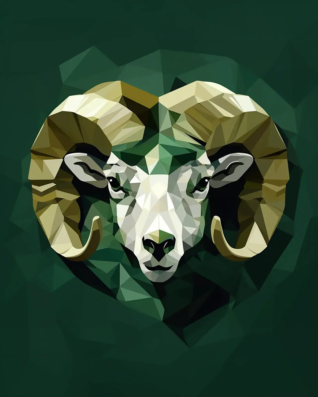 Low-poly ram's head in olive, cream, and gold facets on deep green.
