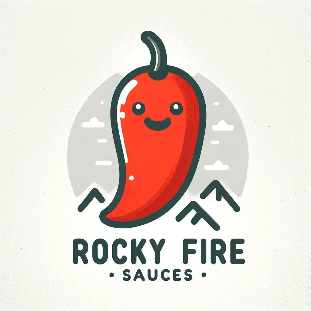 Rocky Fire Sauces logo: a smiling red chili pepper in front of gray mountain outlines.