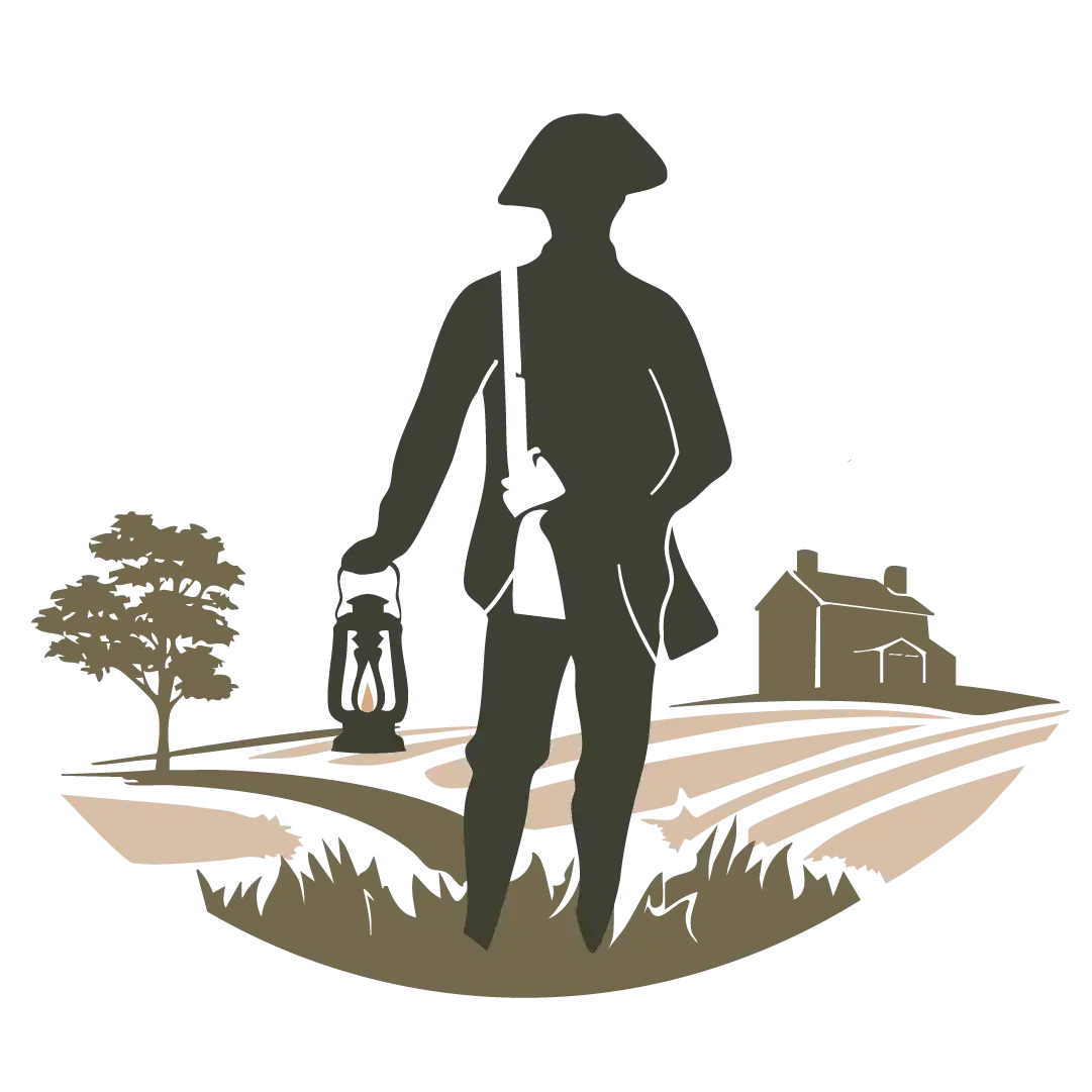 Sentinel Candle Company logo: an illustrated figure in a tricorn hat carrying a lantern along a farm path.