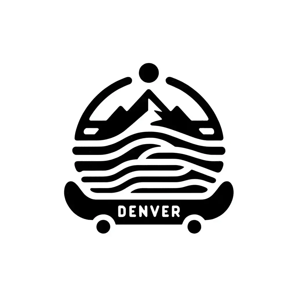 Skate Denver logo: stacked black wave lines under a mountain and sun, set on a skateboard reading DENVER.