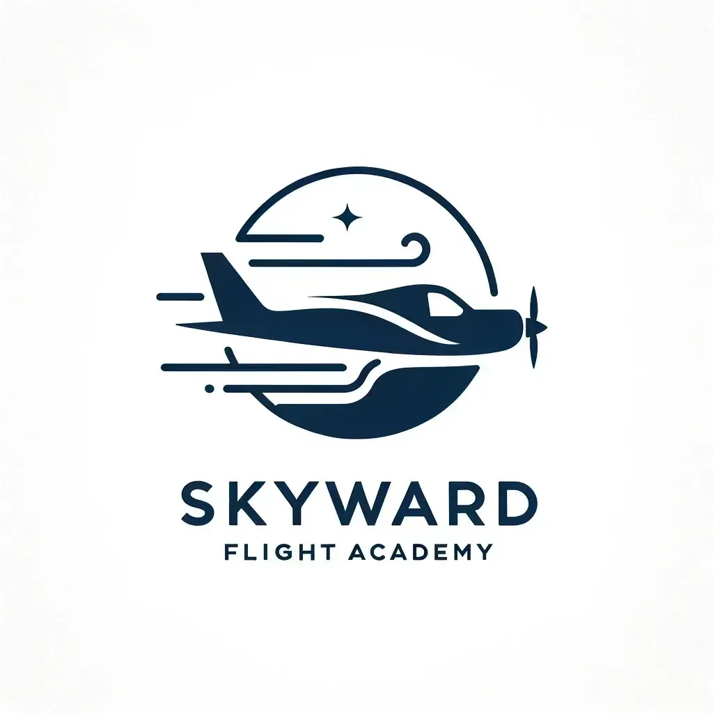 Skyward Flight Academy logo: a navy propeller plane flying through a circle with speed lines and a star.