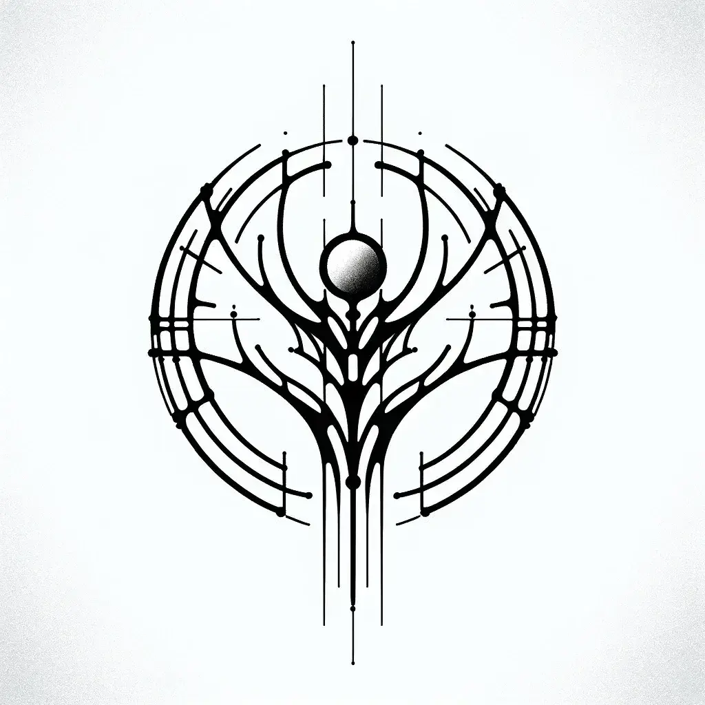 A symmetrical line-art emblem of arcs, a sphere, and branching strokes inside a circle.