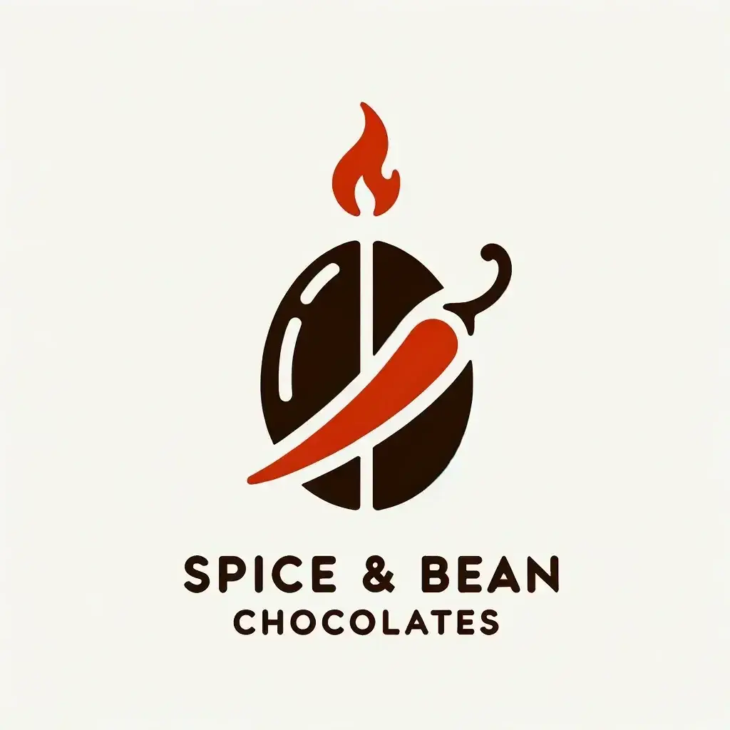 Spice & Bean Chocolates logo: a dark cocoa bean wrapped by a red chili with a flame, over a small-caps wordmark.