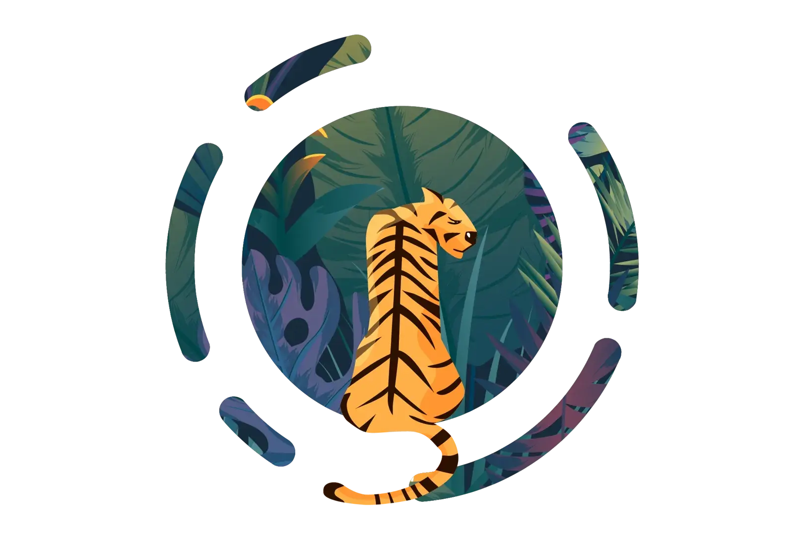 Illustration of a seated tiger inside a ring of dark tropical leaves broken by curved strokes.