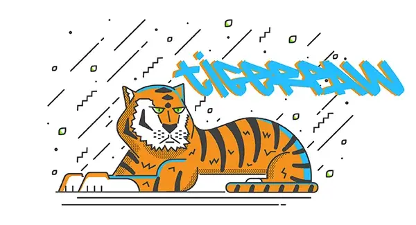 Flat illustration of a lounging tiger under a hand-drawn Tigerpaw wordmark with confetti lines.