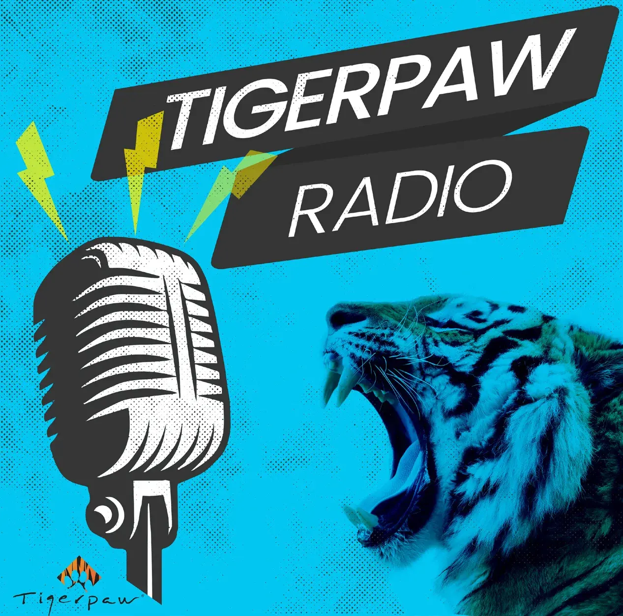 Tigerpaw Radio podcast cover: a halftone vintage microphone and a roaring blue tiger on cyan, with the title on two black slabs.