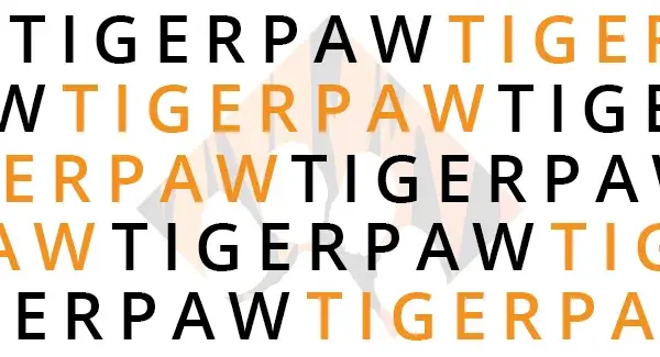 A repeating TIGERPAW type pattern alternating black and orange letters.