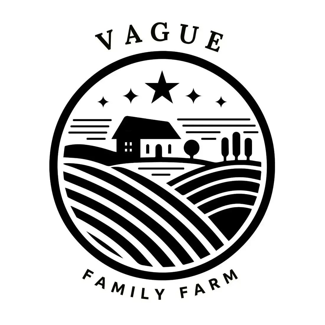Vague Family Farm one-color badge: a farmhouse, stars, and plowed fields in a circle with the name set around it.