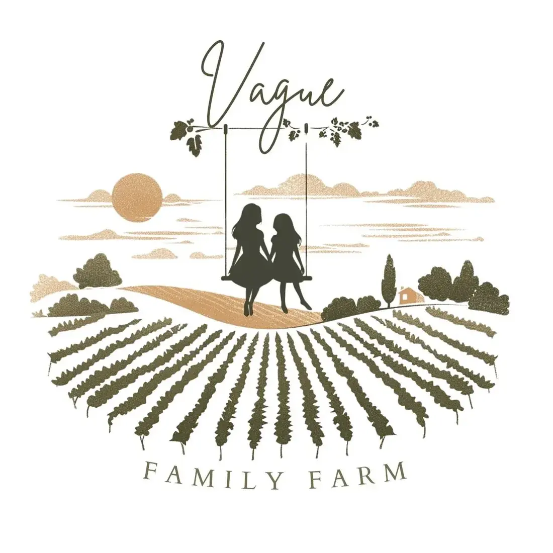 Vague Family Farm primary mark: two girls on a swing hung from a branch, above rows of crops, with a script Vague wordmark and a spaced Family Farm line.