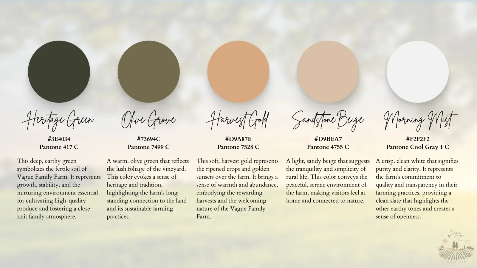 Vague Family Farm color page: five swatches named Heritage Green, Olive Grove, Harvest Gold, Sandstone Beige, and Morning Mist, each with hex, Pantone, and a description.