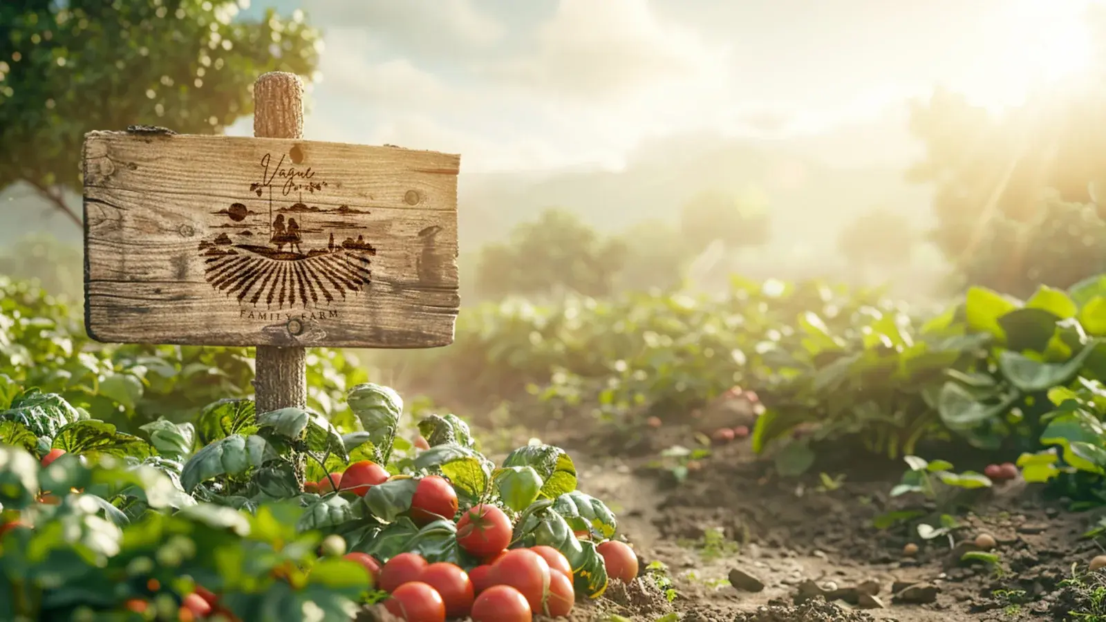 A weathered wooden sign carved with the Vague Family Farm mark, standing in a vegetable garden at sunrise.