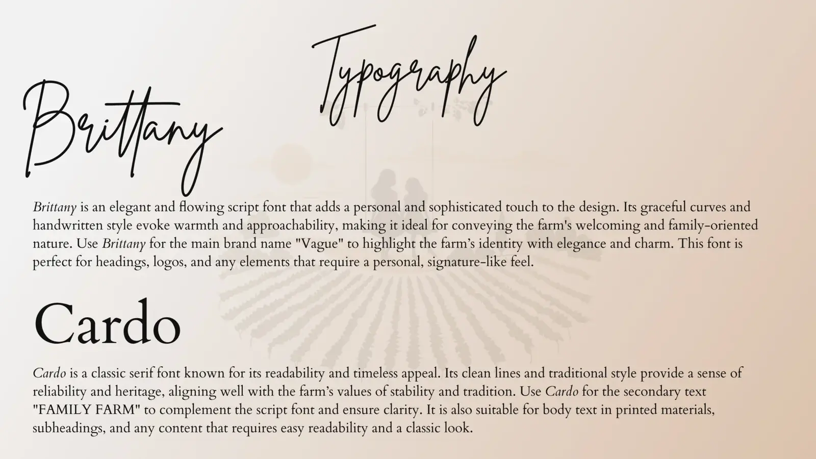 Vague Family Farm typography page pairing the Brittany script with the Cardo serif.