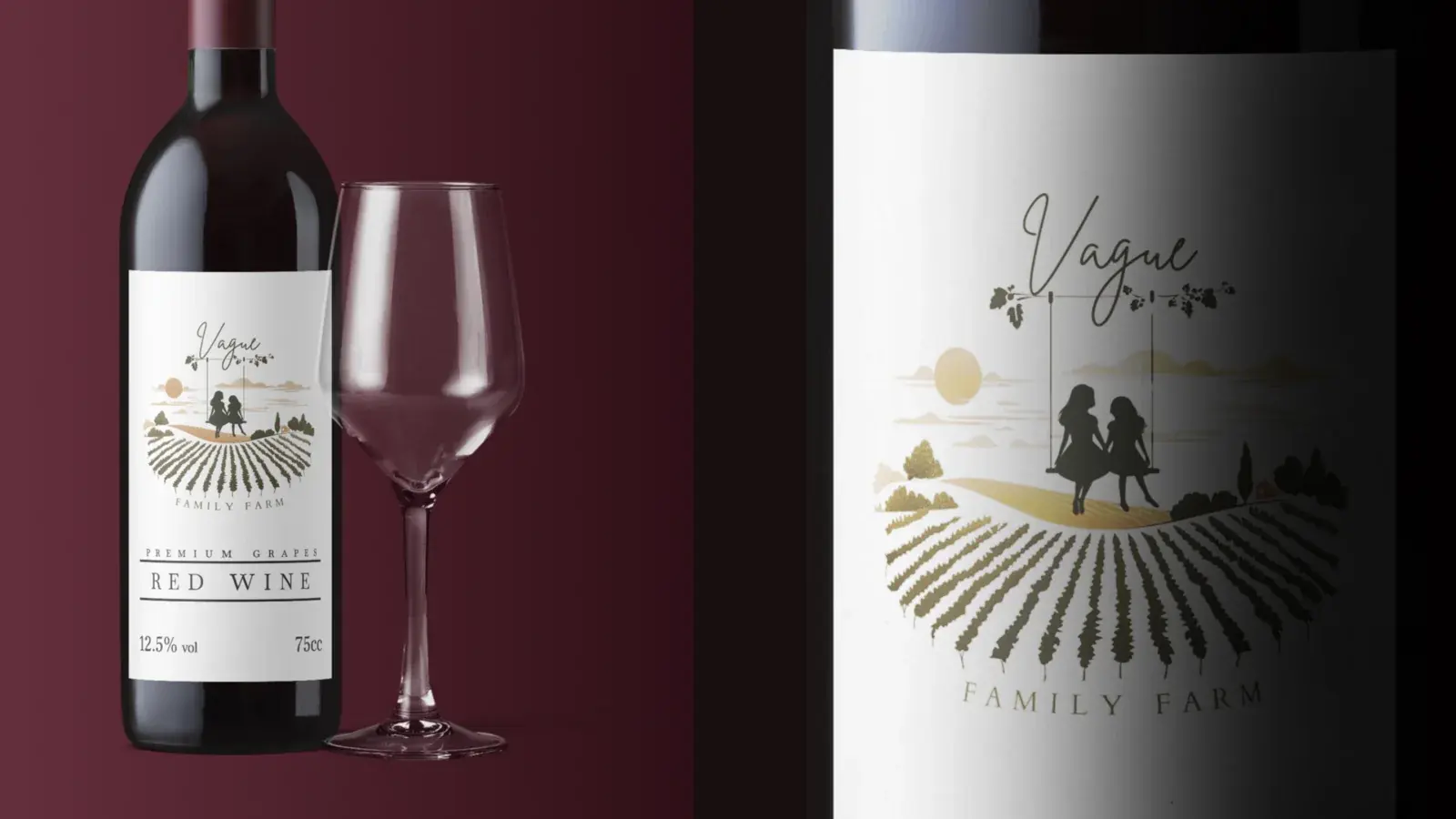A red wine bottle with a white Vague Family Farm label beside a wine glass, and a close-up of the label.