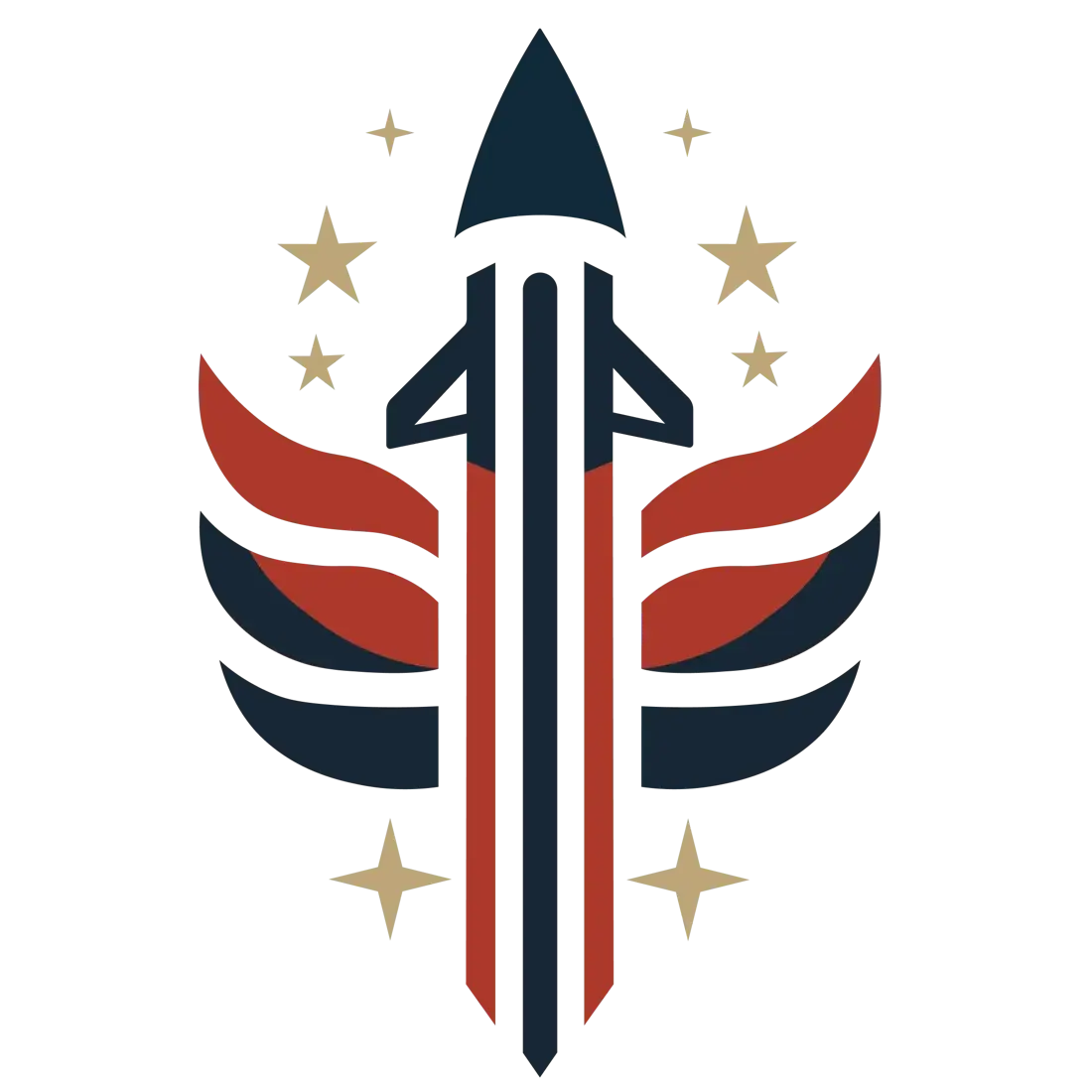 Veteran Launchpad emblem: a navy rocket flanked by red and navy striped wings under a ring of gold stars.