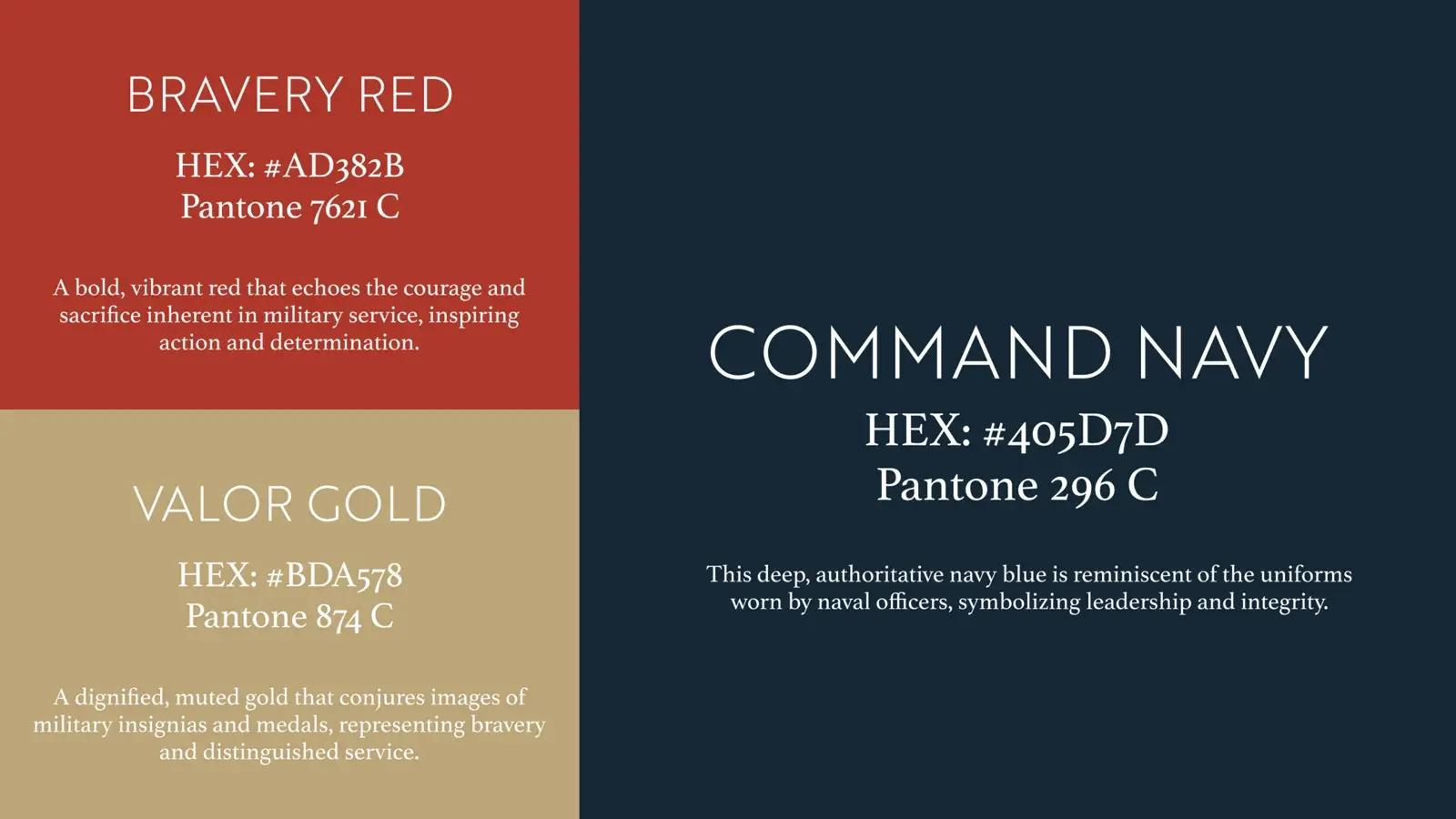 Veteran Launchpad color page: Bravery Red, Valor Gold, and Command Navy with hex and Pantone values.