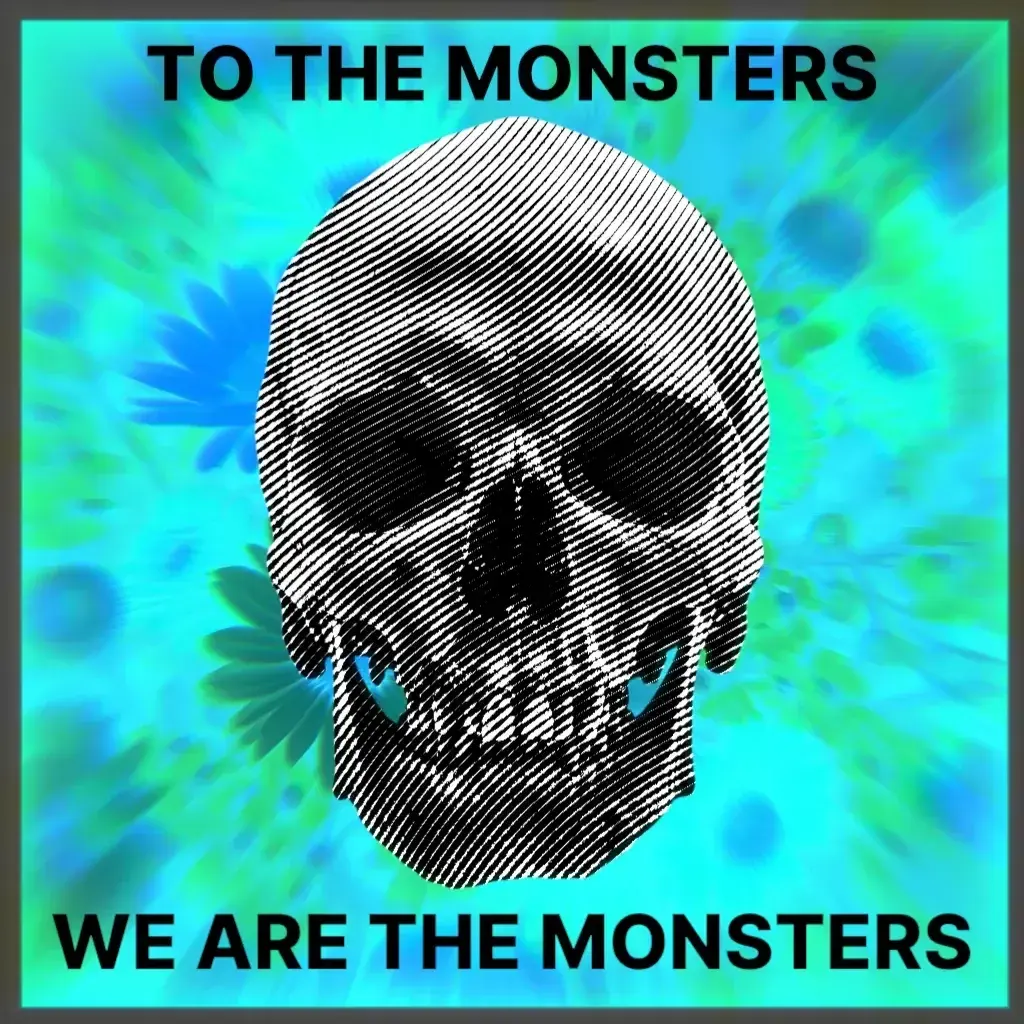 Poster: a halftone skull on a tie-dye blue and green ground between the lines TO THE MONSTERS and WE ARE THE MONSTERS.