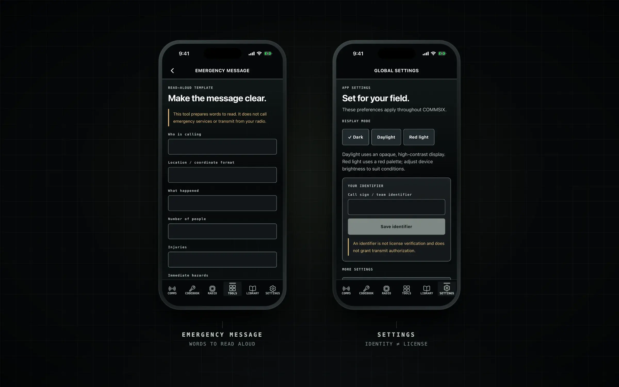 Two iPhones. Left: the Emergency message read-aloud template with an amber note stating it prepares words to read and does not call emergency services or transmit, followed by fields for who is calling, location, what happened, number of people and injuries. Right: Global Settings with Dark, Daylight and Red light display modes and a call sign field with a note that an identifier is not license verification.