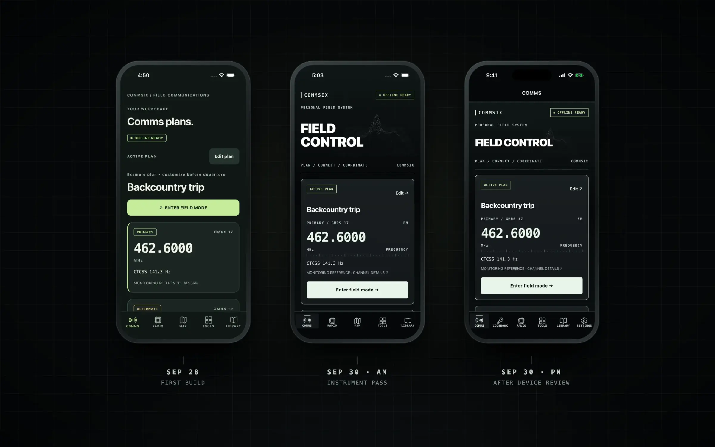 Three versions of the COMMSIX home screen side by side: September 28 with a green accent, rounded cards and a five-tab bar including MAP; the morning of September 30 with a monospaced FIELD CONTROL masthead over point-cloud terrain; and the afternoon of September 30 with a shorter masthead, a fixed COMMS header and six tabs including CODEBOOK and SETTINGS.