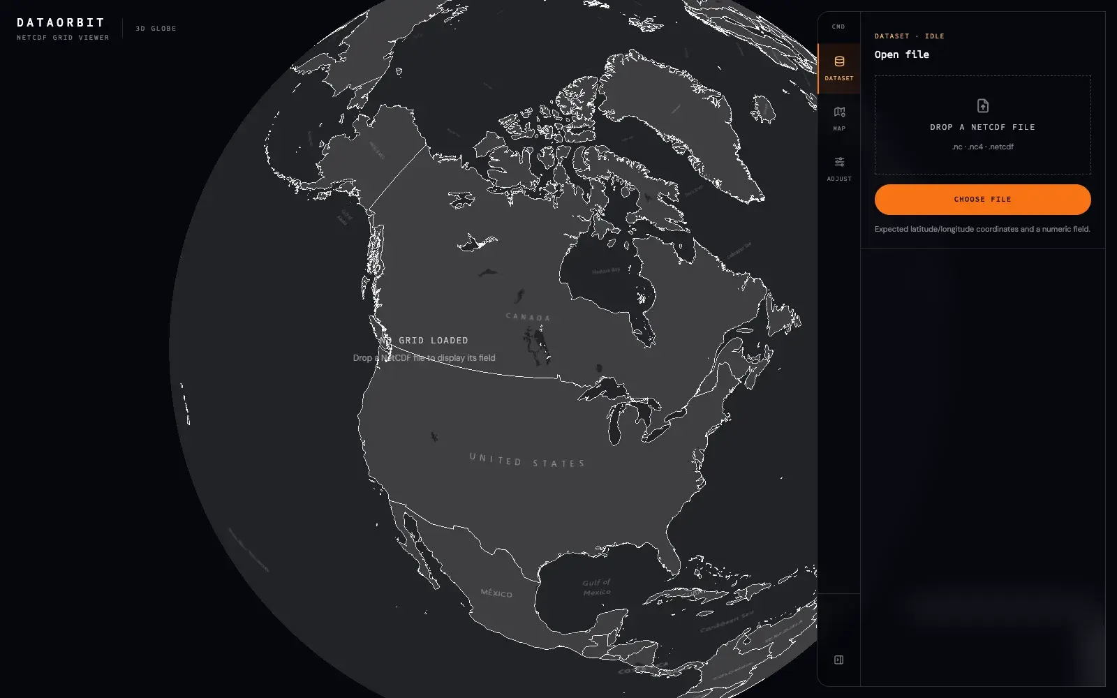 The DataOrbit empty state showing a dark globe with the message No grid loaded, and a drop target for NetCDF files in the command drawer.