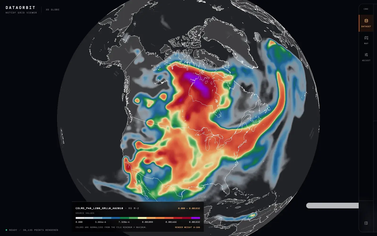DataOrbit showing column-integrated smoke mass density from an RRFS forecast rendered as a colour heatmap across North America on a dark 3D globe, with a value legend docked at the bottom and a collapsed command rail on the right.