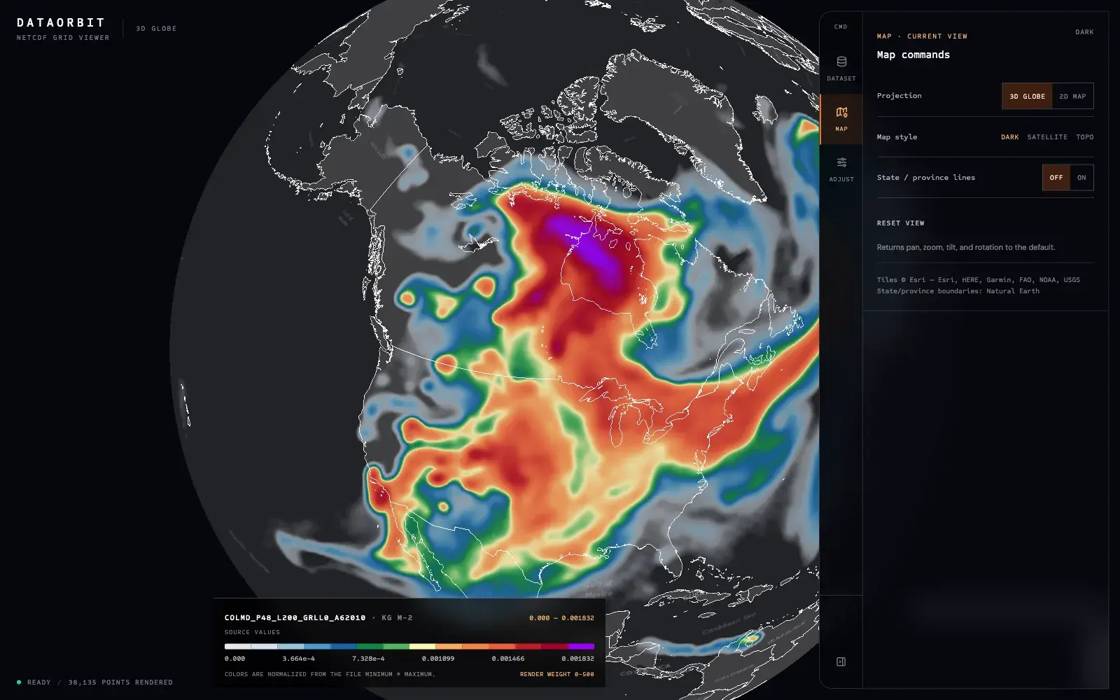 The map commands panel showing projection options for 3D globe and 2D map, three basemap styles, a state and province lines toggle, a reset view button, and tile attribution.