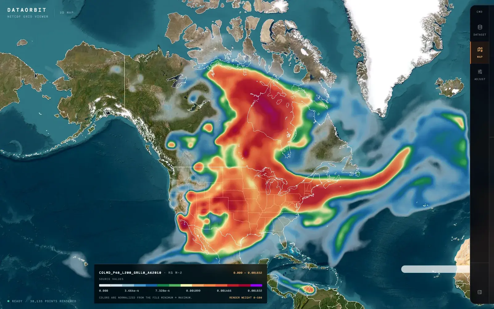 The same smoke field rendered on a 2D Mercator satellite basemap with state and province boundaries visible, showing plume structure over the continental United States and out over the Atlantic.