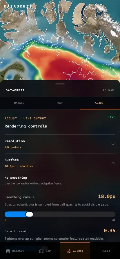 DataOrbit at phone width with the map filling the top of the screen and the rendering controls in a bottom sheet with a drag handle, tab row, and fixed bottom navigation rail.